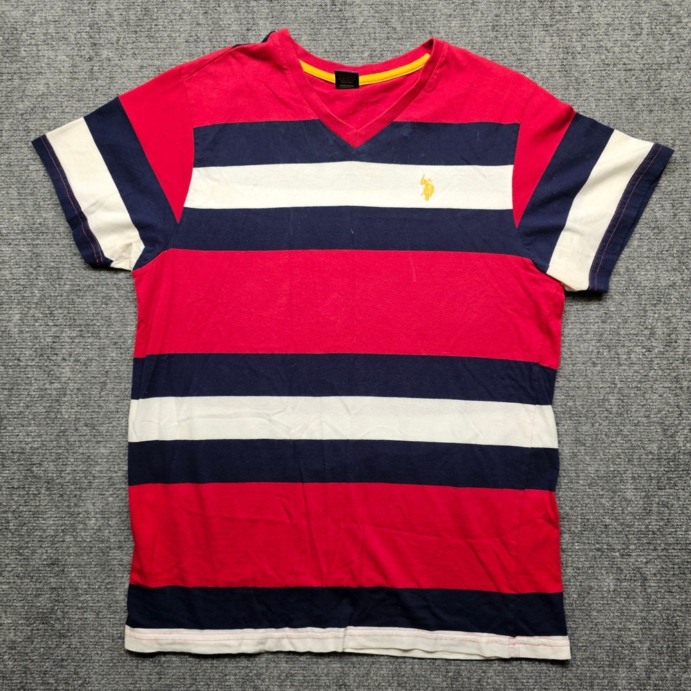 US Polo Assn Mens V-Neck T-Shirt Red Navy White Striped Cotton Size M 1141772N